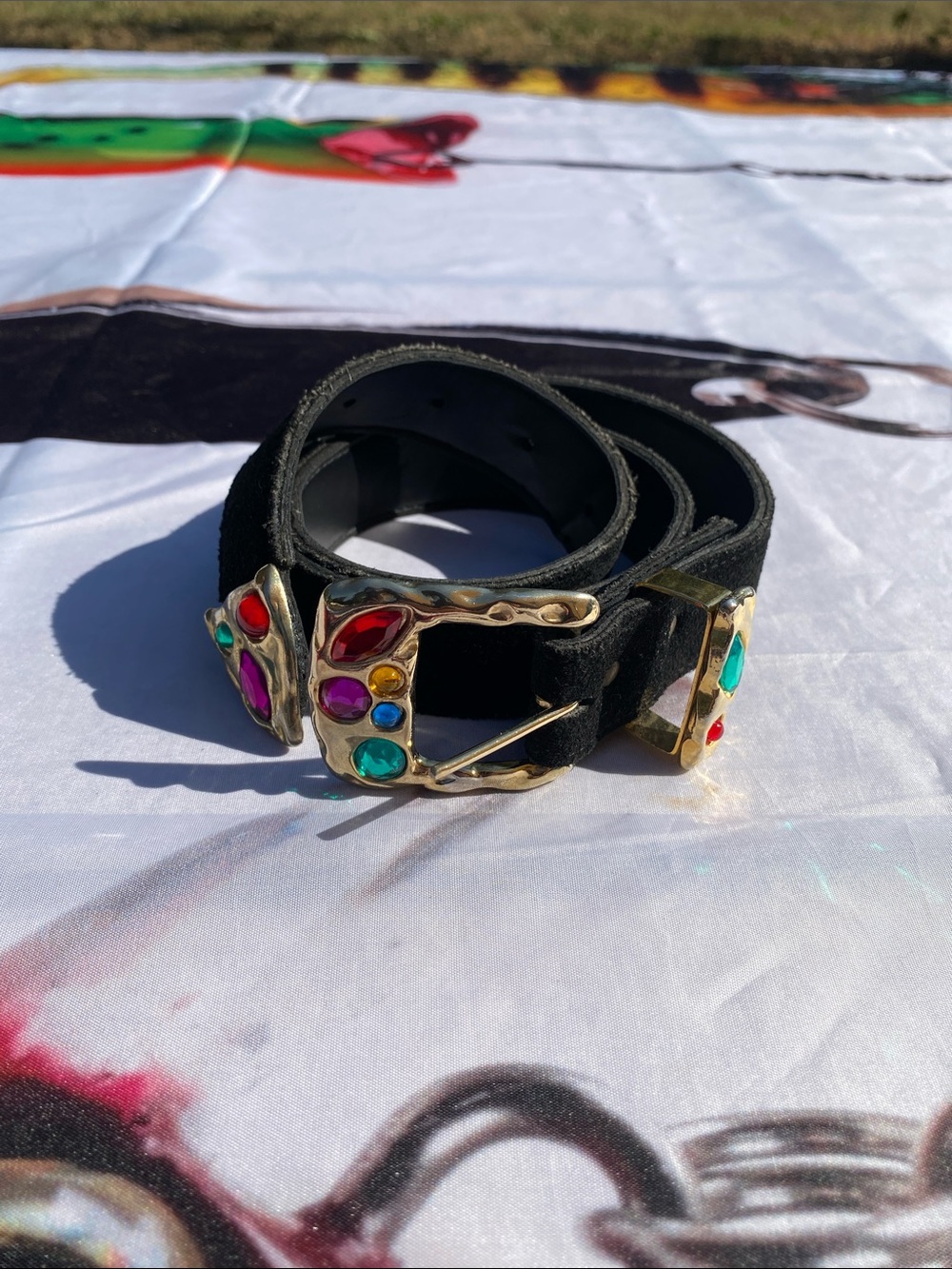 Vintage Black Suede Leather Belt with Jeweled Buckle & End Tip 80s-90s